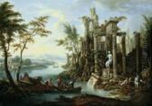 Umkreis Weite Flusslandschaft 
Mit Antiker Tempelruine. Ol Auf Leinwand . H 65; B 92 Cm. Ein 
Kompositorisch Durchaus Vergleichbares Gemalde Jannecks Wurde Im 
Dorotheum, Wien, Am 22.03.2001 Als - view 1