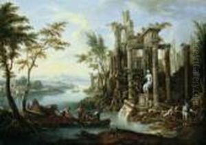 Umkreis Weite Flusslandschaft
Mit Antiker Tempelruine. Ol Auf Leinwand . H 65; B 92 Cm. Ein
Kompositorisch Durchaus Vergleichbares Gemalde Jannecks Wurde Im
Dorotheum, Wien, Am 22.03.2001 Als by Frans Christoph Janneck