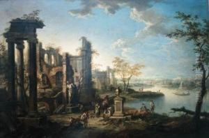 An Italianate River Landscape With Figures Resting By Classical Ruins