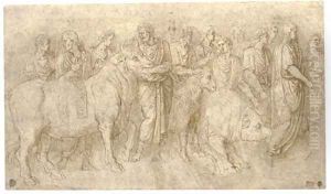 Priests leading a bull, a ram and a boar to an altar, after the Antique by Girolamo da Carpi