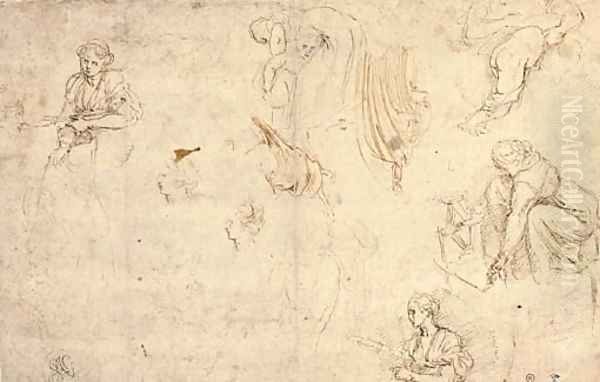 Three studies of a woman working wool, two studies of a woman and a child, two studies of drapery and two studies after the antique - view 1