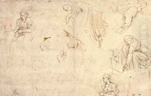 Three studies of a woman working wool, two studies of a woman and a child, two studies of drapery and two studies after the antique by Girolamo da Carpi