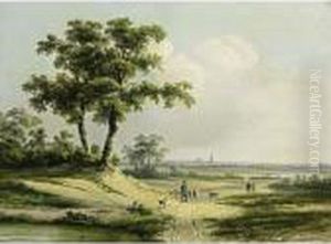 An Extensive Landscape With A Shepherd And Travellers On A Sandy Track