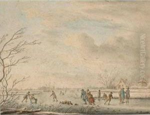A Winterlandscape With Skaters On The Ice by Johannes Janson