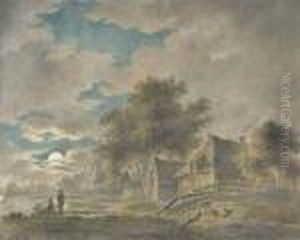 A Moonlit River Landscape With Fishermen Near A Farm by Johannes Janson
