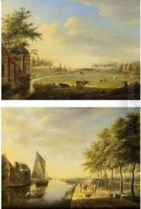 A View Of A Canal With Boats By A
 Village And A Shepherd With His Cattle On A Path; An Extensive 
Landscape With A Woman Milking A Cow, With Cattle And Horses In A 
Meadow, A Mill In The Distance by Johannes Janson
