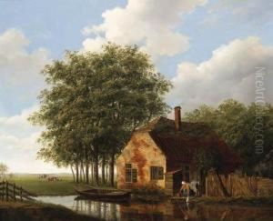 A Woman And Child Outside A Cottage, Cattle Grazing In A Meadowbeyond