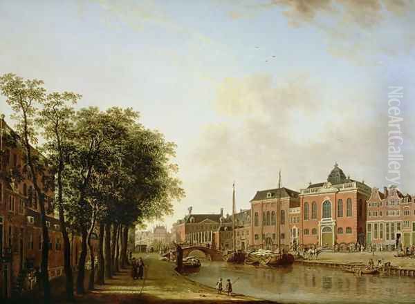 The Houtegracht, now the Jonas Daniel Meijerplein, Amsterdam, with the Ashkenazi Synagogues, the Arsenal, the Portuguese Synagogue and Sailing Barges - view 1