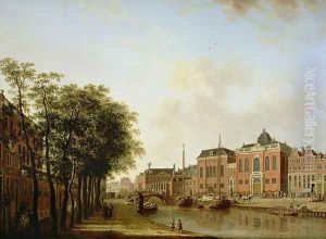 The Houtegracht, now the Jonas Daniel Meijerplein, Amsterdam, with the Ashkenazi Synagogues, the Arsenal, the Portuguese Synagogue and Sailing Barges
