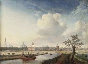 A cappricio view of The Hague, with figures walking along a river and a barge
