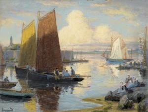 Bretonischer Hafen Mit Fischerbooten. by Mathurin Janssaud