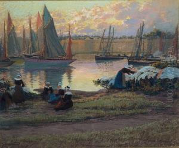 Le Depart Des Bateaux Devant Les Femmes De Pecheurs Pastel Signe En Bas A Gauche - view 1