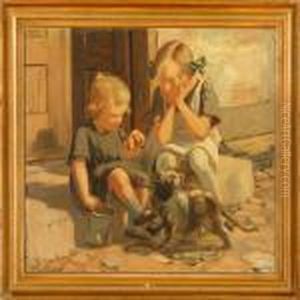 Two Girls Playing On A Doorstep by Luplau Janssen
