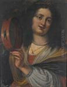 A Young Woman Playing The Tambourine