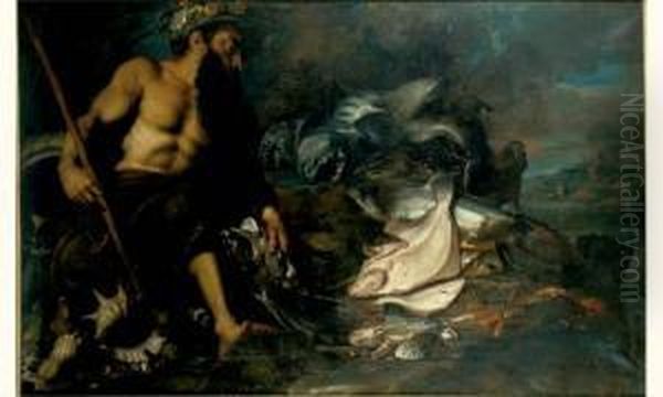 Allegorie De L'eau : Un Triton Avec Poissons, Crustaces Et Coquillages Marins - view 1