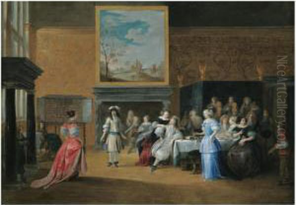 A Palatial Interior With Elegant Figures Dancing Andbanqueting - view 1