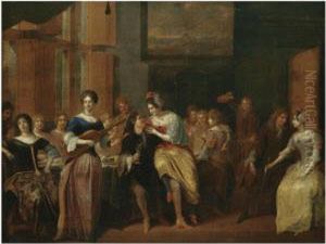 An Interior Scene With Elegant Figures Drinking And Listening To Music An Interior Scene With Elegant Figures Drinking And Listening To Music