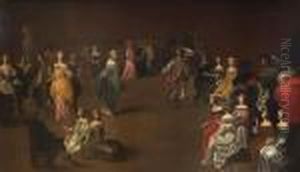 An Interior With Elegant Figures And Musicians At A Dance by Hieronymus Janssens