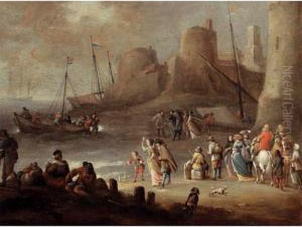 A Mediterranean Coastal
Landscape With Elegant Figures On A Beach With Fishermen Unloading Their
Catch, A Fortified Town Beyond - view 1