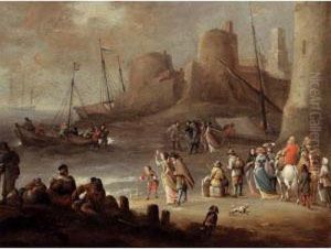 A Mediterranean Coastal
Landscape With Elegant Figures On A Beach With Fishermen Unloading Their
Catch, A Fortified Town Beyond by Hieronymus Janssens