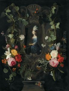 A Garland Of Mixed Flowers Adorning A Stone Cartouche Surrounding An Allegory Of Vanity by Hieronymus Janssens