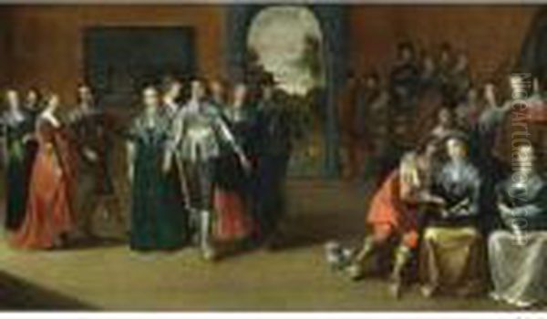 An Interior With Elegant Ladies
And Gentlemen Dancing And An Orchestra Playing Music In The Background, A
View Of A Garden Through A Door Beyond - view 1