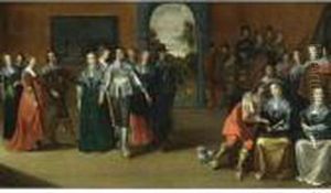 An Interior With Elegant Ladies
And Gentlemen Dancing And An Orchestra Playing Music In The Background, A
View Of A Garden Through A Door Beyond by Hieronymus Janssens