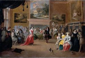 An Interior With An Elegant Company Dancing And Playing Cards by Hieronymus Janssens