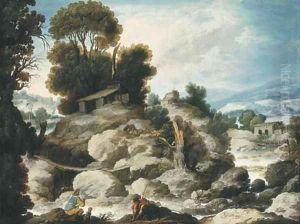 A rocky river landscape with fishermen and shepherds resting with their flock