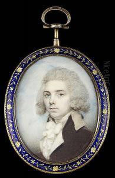 A Gentleman, Wearing Brown Coat
With Buff Coloured Collar, White Waistcoat And Frilled Cravat, His Hair
Powdered - view 1