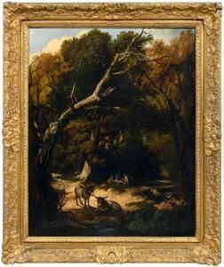 Woodland Landscape With Figures Camping And Donkeys Resting By A Stream by Roger Jean