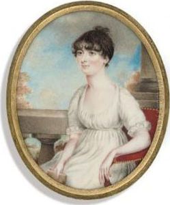 A Lady, In White Dress With
Short Lace-bordered Sleeves, Seated On Gilt-metal Studded Red Leather
Chair, Holding A Book In Her Right Hand, Upswept Dark Hair; Pillar,
Balustrade, Foliage And Sky Background by Roger Jean