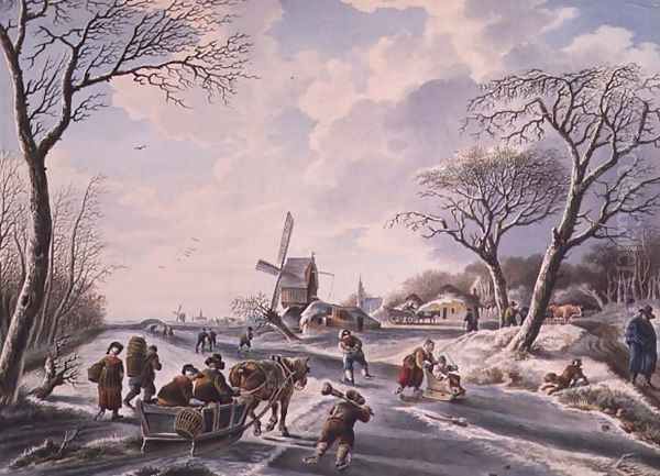 Dutch winter garden scene of windmill and skaters - view 1