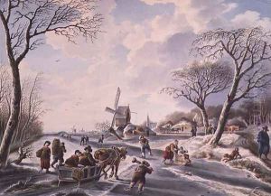 Dutch winter garden scene of windmill and skaters