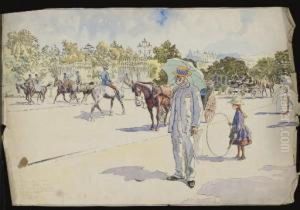 Un Homme Fumant Et Une Fillette
Jouant Au Cerceau Dans Un Parc, Des Cavaliers A L'arriere-plan by Pierre Georges Jeanniot