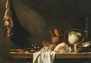 Table De Cuisine: Earthenware Jugs And Meat On A Partly-draped Kitchen Table by Nicolas Henry Jeaurat De Bertry