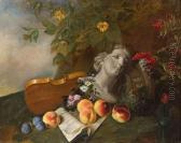 Nature Morte Aux Peches, Raisins, Prunes, Violon Et Buste Dans Unevegetation Luxuriante. - view 1