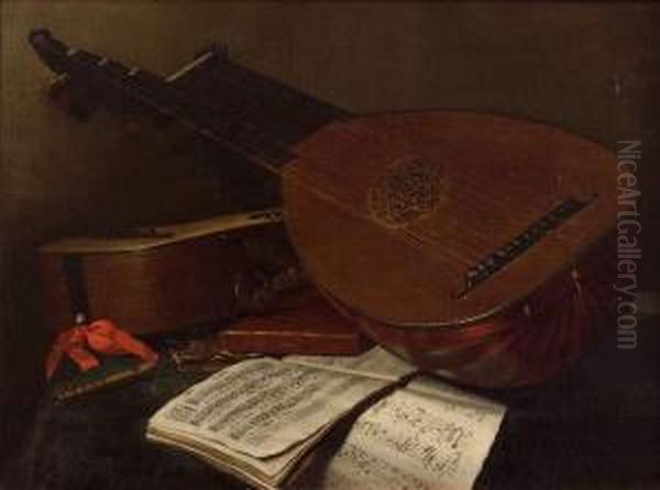 Nature Morte Au Luth Theorbe Et A La Guitare Sur Sa Toile D'origine - view 1
