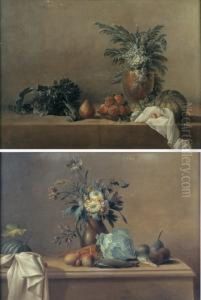 Nature Morte Aux Vase De Fleurs Et Legumes Sur by Nicolas Henry Jeaurat De Bertry