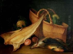 Fish, Onions And Cauliflower In A Basket On A Tabletop by Nicolas Henry Jeaurat De Bertry