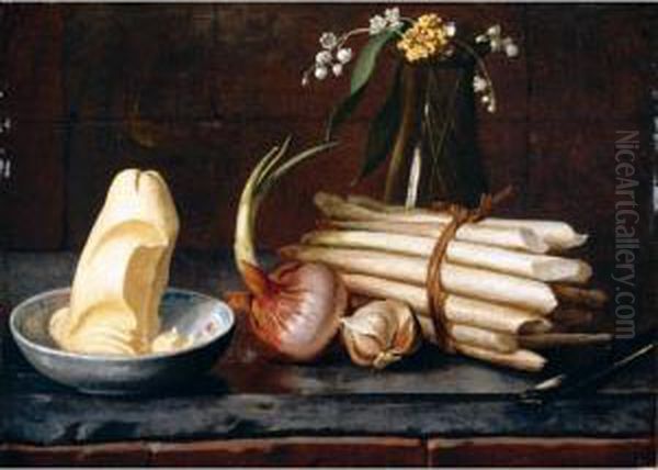 A Still Life Of Asparagus, An 
Onion, Garlic, Butter In A Bowl And Flowers In A Glass Vase, All On A 
Marble Ledge - view 1
