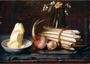 A Still Life Of Asparagus, An
Onion, Garlic, Butter In A Bowl And Flowers In A Glass Vase, All On A
Marble Ledge by Nicolas Henry Jeaurat De Bertry