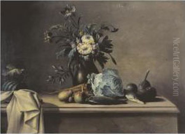 Nature Morte Au Chou, Poisson Et Vase De Fleurs - view 1