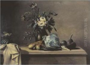Nature Morte Au Chou, Poisson Et Vase De Fleurs by Nicolas Henry Jeaurat De Bertry