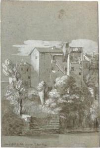 A View Of Houses Near The Church Of S. Bartolomeo On The Isolatiberina, Rome by Etienne Jeaurat