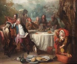 An Elegant Company Dining Beside A Lake, A Fountain Beyond by Etienne Jeaurat