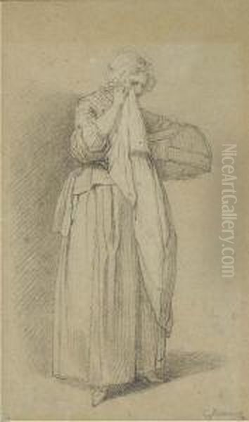 A Woman Dabbing Her Eyes With A Cloth, A Basket Under Her Arm - view 1