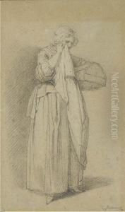 A Woman Dabbing Her Eyes With A Cloth, A Basket Under Her Arm