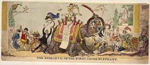 The Rehearsal or the Baron and the Elephant satirical print on Kembles elaborate productions at Covent Garden Theatre involving animals by George Cruikshank I