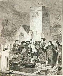Jonathan Wild seizing Jack at his mothers funeral in Willesden Churchyard by George Cruikshank I